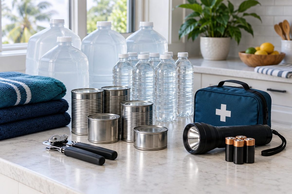 Emergency water, canned food, flashlight and first aid supplies