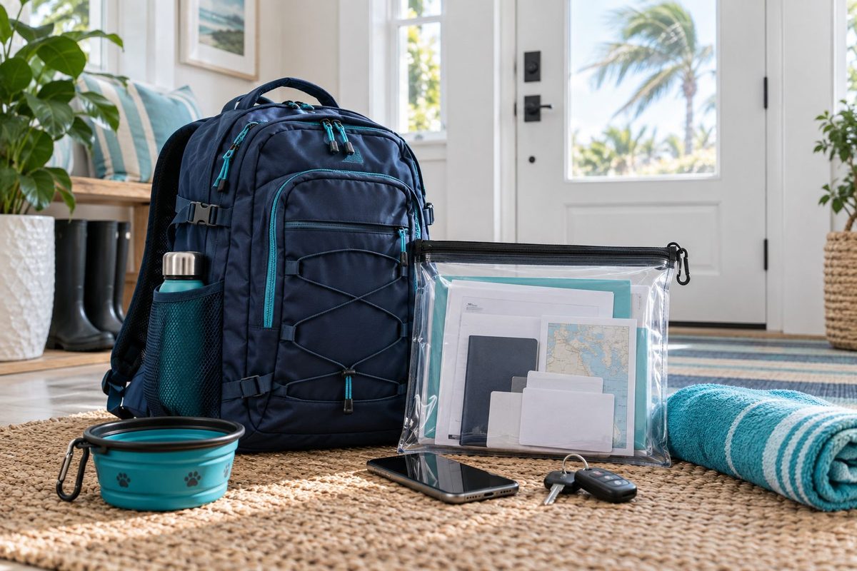 Packed emergency bag, important documents, phone and car keys
