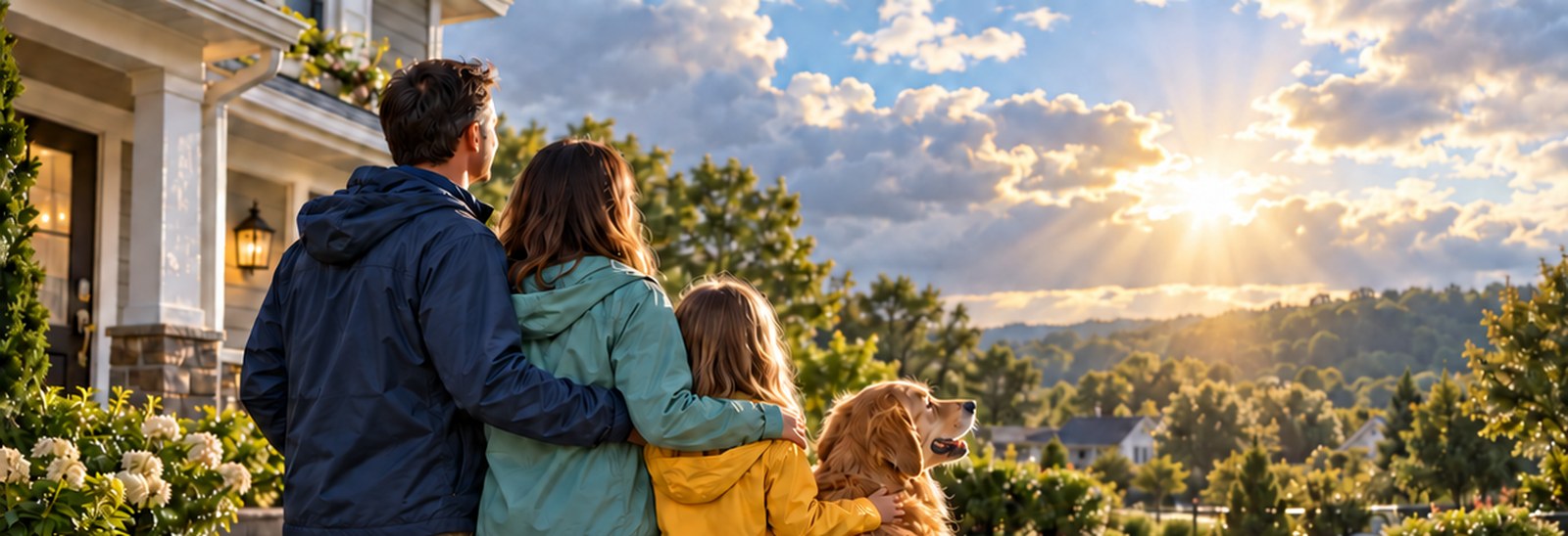 Family standing in front of their home after a storm, looking at the sunrise