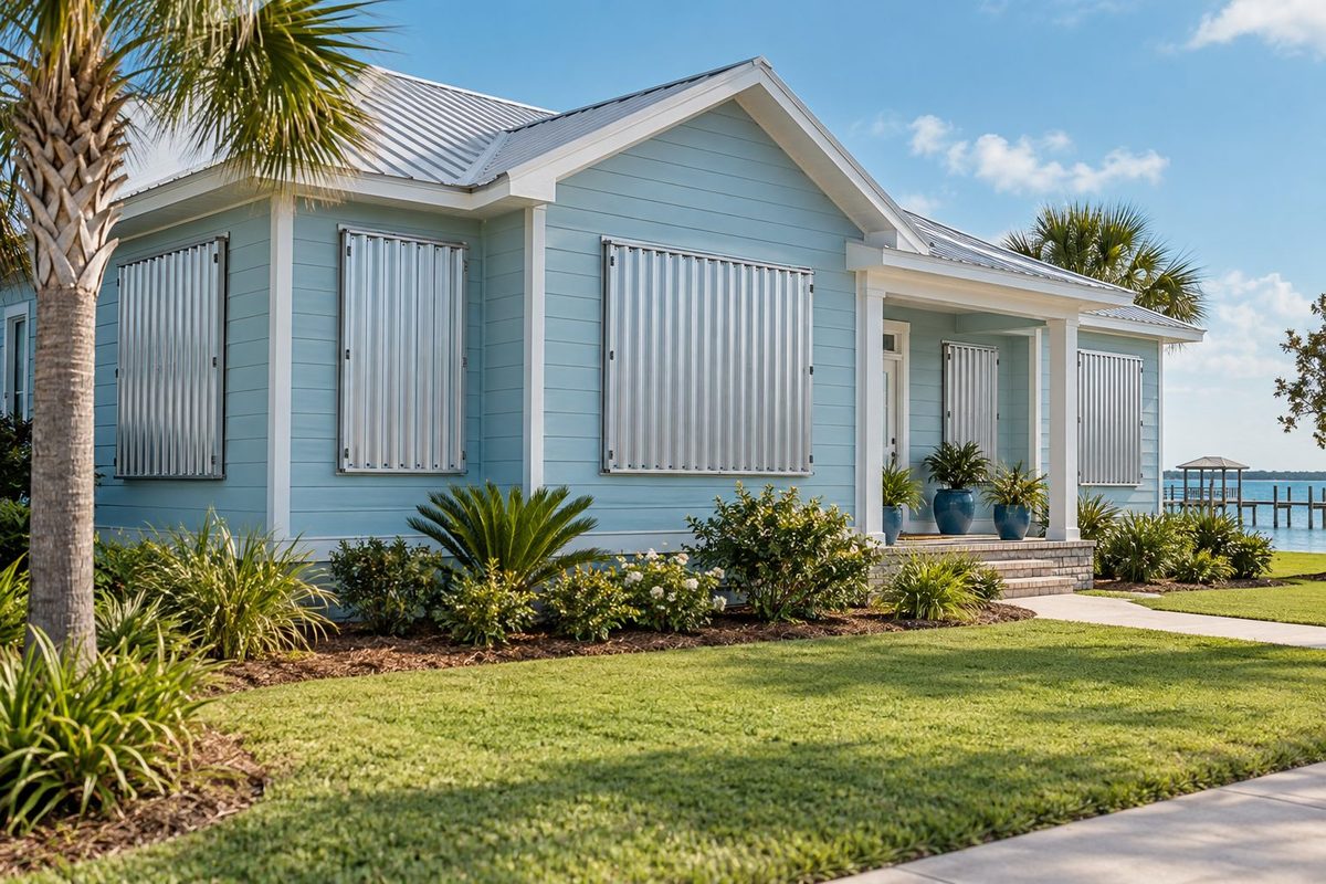 Coastal home with storm shutters closed over the windows